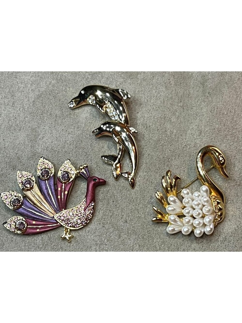 Vintage  80s Three  Gold Tone Figural Animal Brooch Lot Swan Peacock Dolphins